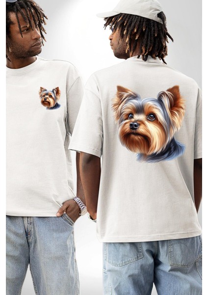Yorkshire Terrier Teacup Mini Köpek Aşkı Beyaz Oversize Kadın Erkek Ön ve Sırt Baskılı Tişört