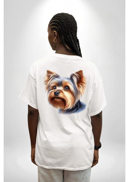 Yorkshire Terrier Teacup Mini Köpek Aşkı Beyaz Oversize Kadın Erkek Ön ve Sırt Baskılı Tişört fiyatları
