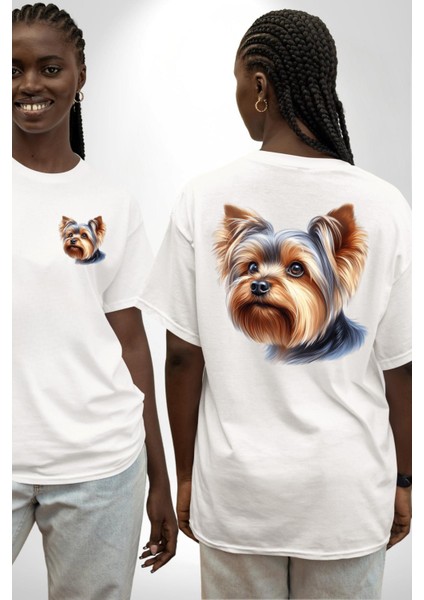 Yorkshire Terrier Teacup Mini Köpek Aşkı Beyaz Oversize Kadın Erkek Ön ve Sırt Baskılı Tişört fırsatları