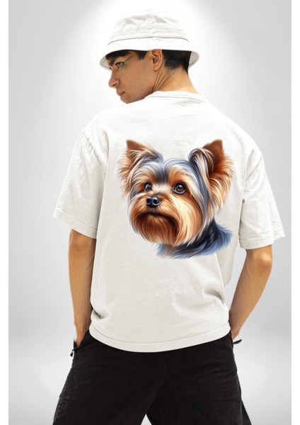 Yorkshire Terrier Teacup Mini Köpek Aşkı Beyaz Oversize Kadın Erkek Ön ve Sırt Baskılı Tişört indirimleri