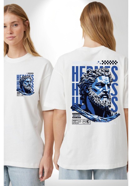Yunan Tanrısı Özel Tasarım Beyaz Oversize Kadın Erkek Ön ve Sırt Baskılı Tişört