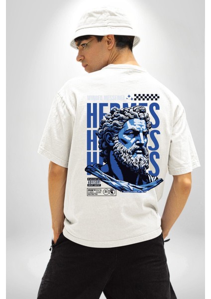Yunan Tanrısı Özel Tasarım Beyaz Oversize Kadın Erkek Ön ve Sırt Baskılı Tişört fiyatları