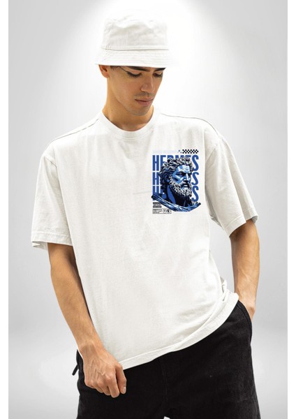 Yunan Tanrısı Özel Tasarım Beyaz Oversize Kadın Erkek Ön ve Sırt Baskılı Tişört modelleri