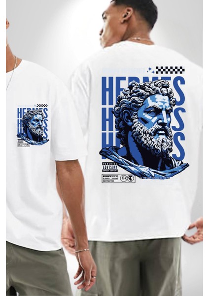 Yunan Tanrısı Özel Tasarım Beyaz Oversize Kadın Erkek Ön ve Sırt Baskılı Tişört fırsatları