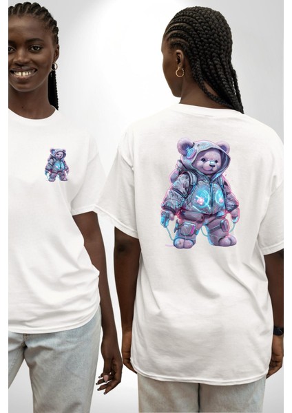 Digital Dreamer Teddy Bear Futuristic Beyaz Oversize Kadın Erkek Ön ve Sırt Baskılı Tişört
