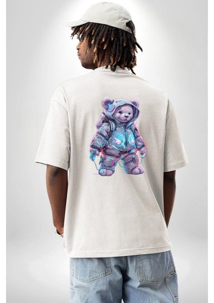 Digital Dreamer Teddy Bear Futuristic Beyaz Oversize Kadın Erkek Ön ve Sırt Baskılı Tişört fiyatları