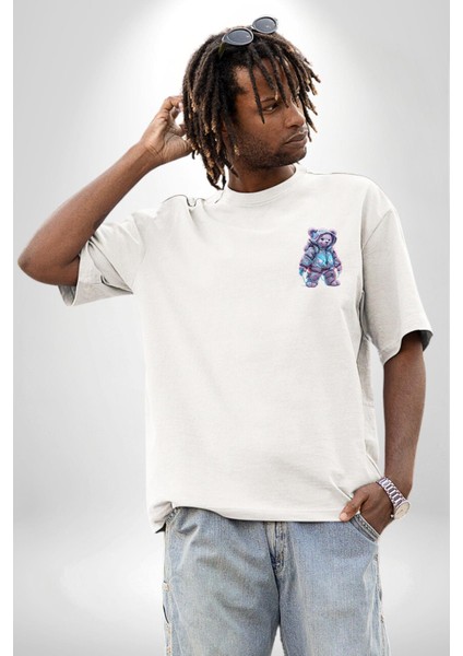 Digital Dreamer Teddy Bear Futuristic Beyaz Oversize Kadın Erkek Ön ve Sırt Baskılı Tişört modelleri