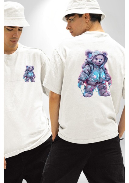 Digital Dreamer Teddy Bear Futuristic Beyaz Oversize Kadın Erkek Ön ve Sırt Baskılı Tişört fırsatları