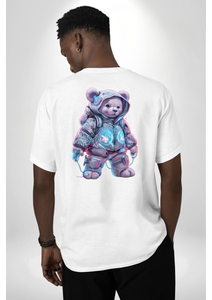 Digital Dreamer Teddy Bear Futuristic Beyaz Oversize Kadın Erkek Ön ve Sırt Baskılı Tişört indirimleri