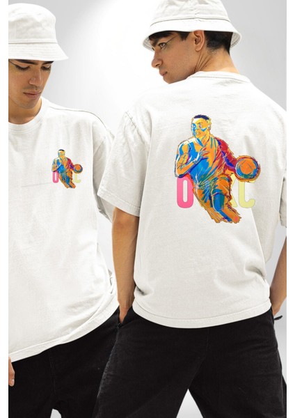 Yüksek Enerji Basketbol Stil Sahibi Beyaz Oversize Kadın Erkek Ön ve Sırt Baskılı Tişört