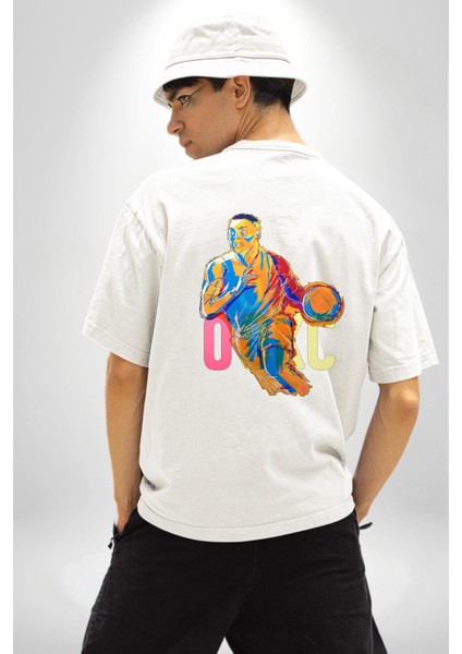 Yüksek Enerji Basketbol Stil Sahibi Beyaz Oversize Kadın Erkek Ön ve Sırt Baskılı Tişört indirimleri