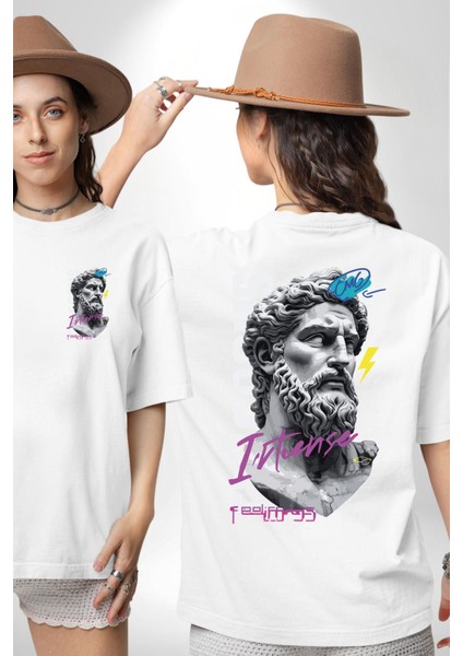 Efsanevi Zeus Güç ve Duygular Beyaz Oversize Kadın Erkek Ön ve Sırt Baskılı Tişört