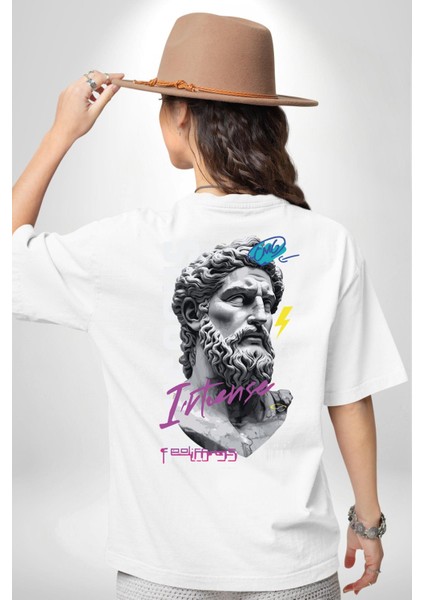 Efsanevi Zeus Güç ve Duygular Beyaz Oversize Kadın Erkek Ön ve Sırt Baskılı Tişört fiyatları