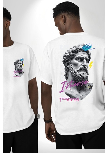 Efsanevi Zeus Güç ve Duygular Beyaz Oversize Kadın Erkek Ön ve Sırt Baskılı Tişört fırsatları