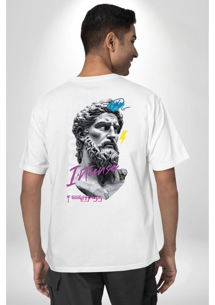 Efsanevi Zeus Güç ve Duygular Beyaz Oversize Kadın Erkek Ön ve Sırt Baskılı Tişört indirimleri