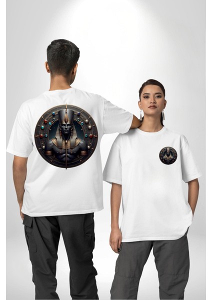 Anhur Mısır Savaş ve Avcılıktanrısı Beyaz Oversize Kadın Erkek Ön ve Sırt Baskılı Tişört