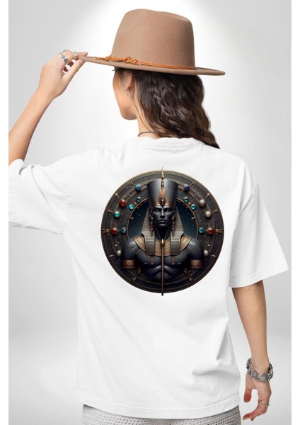 Anhur Mısır Savaş ve Avcılıktanrısı Beyaz Oversize Kadın Erkek Ön ve Sırt Baskılı Tişört fiyatları