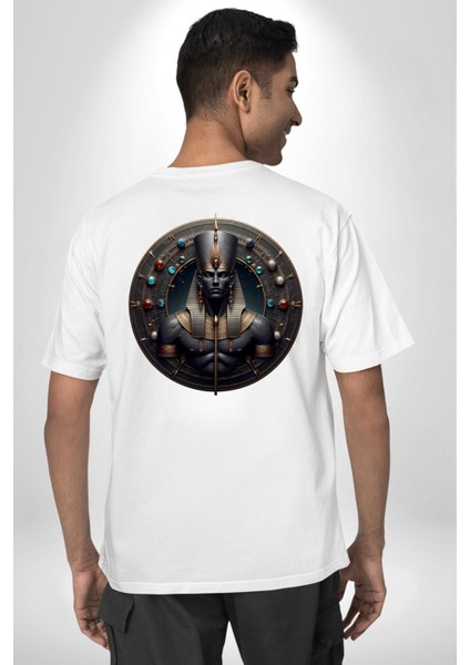 Anhur Mısır Savaş ve Avcılıktanrısı Beyaz Oversize Kadın Erkek Ön ve Sırt Baskılı Tişört indirimleri