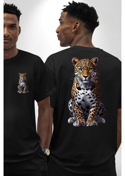 Leopar Desenli Vahşi Hayvan Siyah Oversize Kadın Erkek Ön ve Sırt Baskılı Tişört