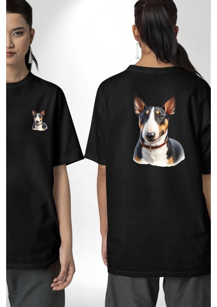 Cesur Miniature Bull Terrier Köpek Siyah Oversize Kadın Erkek Ön ve Sırt Baskılı Tişört fırsatları