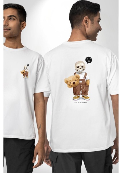 Kendin Ol Baskılı Kurukafa Ayı Teddy Beyaz Oversize Kadın Erkek Ön ve Sırt Baskılı Tişört fırsatları