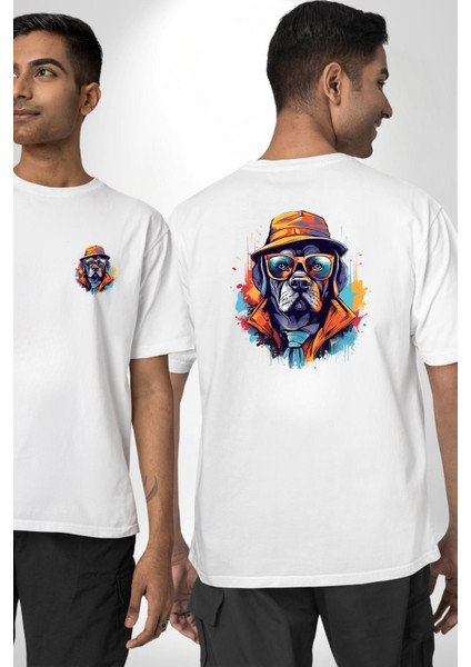 Gözlük Takmış Patron Gangster Köpek Beyaz Oversize Kadın Erkek Ön ve Sırt Baskılı Tişört