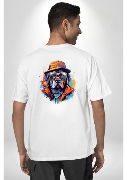 Gözlük Takmış Patron Gangster Köpek Beyaz Oversize Kadın Erkek Ön ve Sırt Baskılı Tişört fiyatları