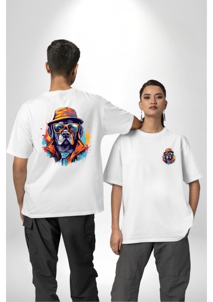 Gözlük Takmış Patron Gangster Köpek Beyaz Oversize Kadın Erkek Ön ve Sırt Baskılı Tişört fırsatları