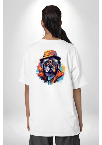 Gözlük Takmış Patron Gangster Köpek Beyaz Oversize Kadın Erkek Ön ve Sırt Baskılı Tişört indirimleri