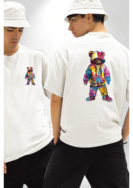 Color Splash Urban Vibes Teddy Beyaz Oversize Kadın Erkek Ön ve Sırt Baskılı Tişört