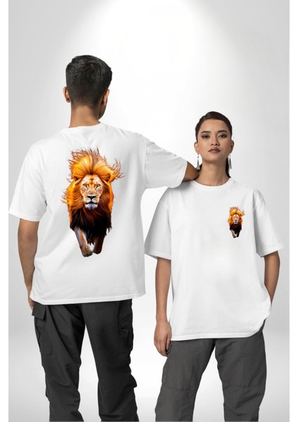 Yeleli Aslan Portresi Beyaz Oversize Kadın Erkek Ön ve Sırt Baskılı Tişört