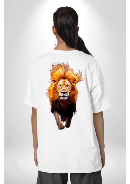Yeleli Aslan Portresi Beyaz Oversize Kadın Erkek Ön ve Sırt Baskılı Tişört fiyatları