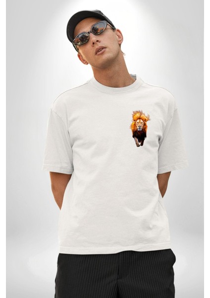 Yeleli Aslan Portresi Beyaz Oversize Kadın Erkek Ön ve Sırt Baskılı Tişört modelleri