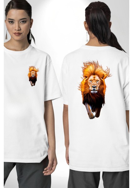 Yeleli Aslan Portresi Beyaz Oversize Kadın Erkek Ön ve Sırt Baskılı Tişört fırsatları