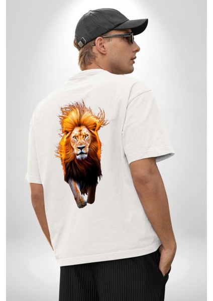 Yeleli Aslan Portresi Beyaz Oversize Kadın Erkek Ön ve Sırt Baskılı Tişört indirimleri