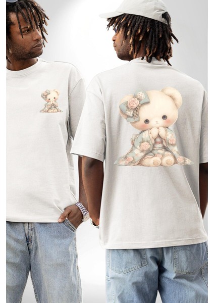 Pastel Tonlarda Nostaljik Sevimli Ayıcık Beyaz Oversize Kadın Erkek Ön ve Sırt Baskılı Tişört