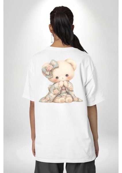 Pastel Tonlarda Nostaljik Sevimli Ayıcık Beyaz Oversize Kadın Erkek Ön ve Sırt Baskılı Tişört fiyatları