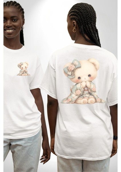 Pastel Tonlarda Nostaljik Sevimli Ayıcık Beyaz Oversize Kadın Erkek Ön ve Sırt Baskılı Tişört fırsatları
