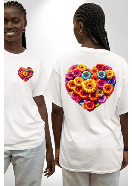 Renkli Aşk Çiçekleri Gerbera Papatya Beyaz Oversize Kadın Erkek Ön ve Sırt Baskılı Tişört