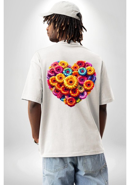 Renkli Aşk Çiçekleri Gerbera Papatya Beyaz Oversize Kadın Erkek Ön ve Sırt Baskılı Tişört fiyatları