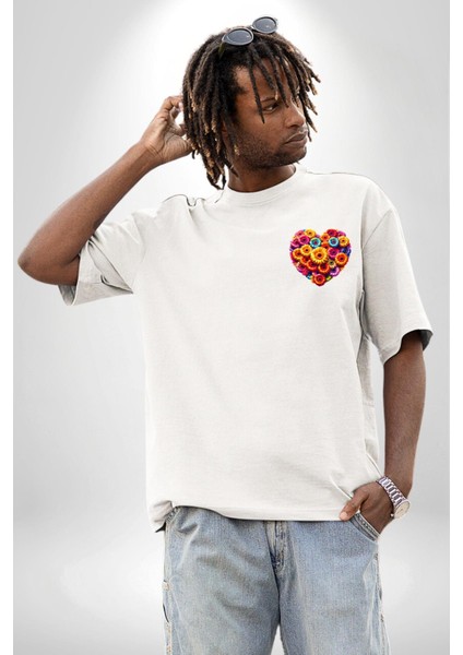 Renkli Aşk Çiçekleri Gerbera Papatya Beyaz Oversize Kadın Erkek Ön ve Sırt Baskılı Tişört modelleri