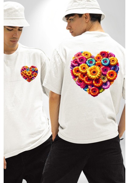 Renkli Aşk Çiçekleri Gerbera Papatya Beyaz Oversize Kadın Erkek Ön ve Sırt Baskılı Tişört fırsatları