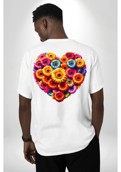 Renkli Aşk Çiçekleri Gerbera Papatya Beyaz Oversize Kadın Erkek Ön ve Sırt Baskılı Tişört indirimleri