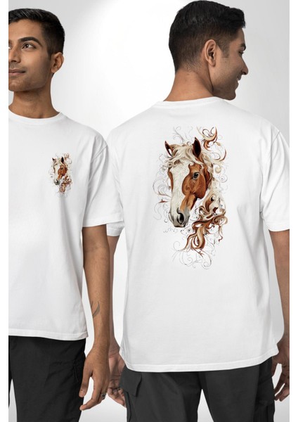 Sanatsal At Tasarımı Beyaz Oversize Kadın Erkek Ön ve Sırt Baskılı Tişört