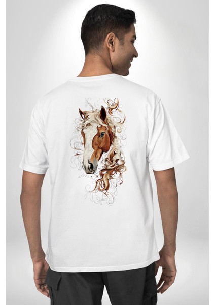 Sanatsal At Tasarımı Beyaz Oversize Kadın Erkek Ön ve Sırt Baskılı Tişört fiyatları