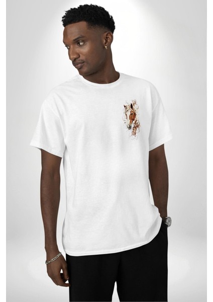 Sanatsal At Tasarımı Beyaz Oversize Kadın Erkek Ön ve Sırt Baskılı Tişört modelleri