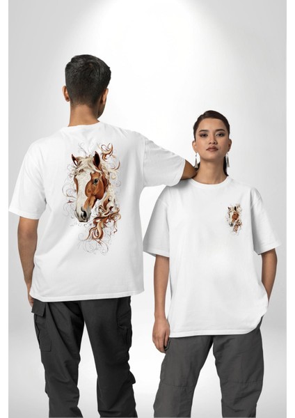 Sanatsal At Tasarımı Beyaz Oversize Kadın Erkek Ön ve Sırt Baskılı Tişört fırsatları