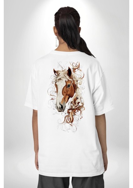Sanatsal At Tasarımı Beyaz Oversize Kadın Erkek Ön ve Sırt Baskılı Tişört indirimleri