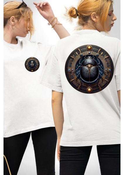 Khepri Yeniden Doğuş, Sabah Güneşi Tanrısı Mısır Beyaz Oversize Kadın Erkek Ön ve Sırt Baskılı Tişört