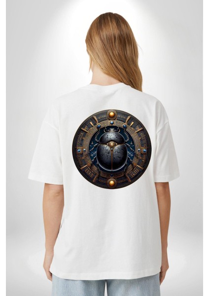 Khepri Yeniden Doğuş, Sabah Güneşi Tanrısı Mısır Beyaz Oversize Kadın Erkek Ön ve Sırt Baskılı Tişört fiyatları